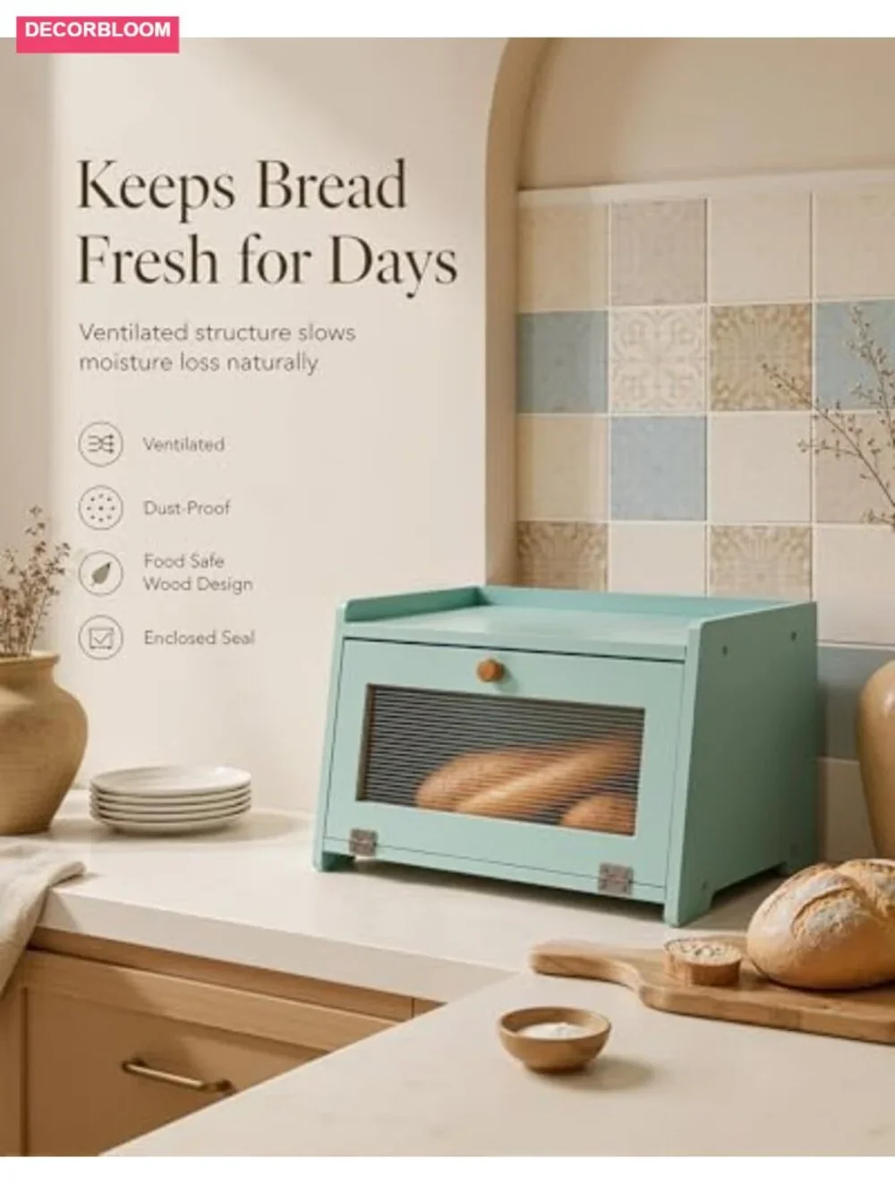 Large Farmhouse Bamboo Bread Box with Acrylic Window, Magnetic Door, Airtight